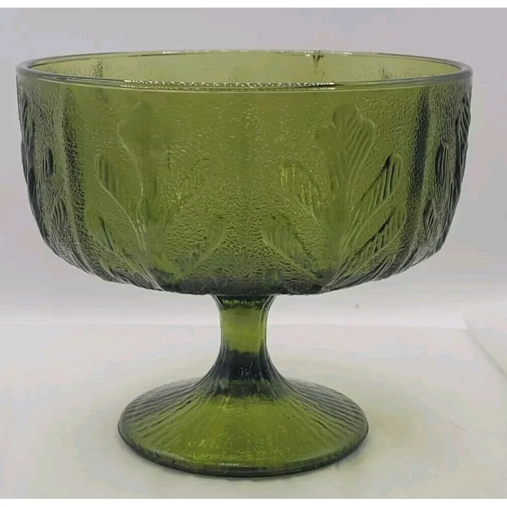 Vintage FTD Avacado Green Glass Footed Dish Oak‎ Leaf Pattern